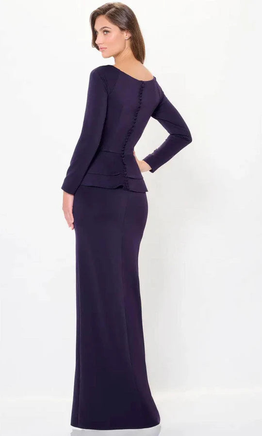Elegant Mermaid Scoop-Neck Long-Sleeve Peplum-Floral-Slit-Back Navy Crepe Floor-Length Mother of the Bride Dresses