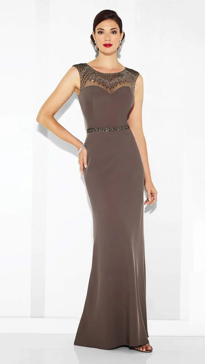 Elegant Mermaid Scoop-Neck Sheer-Cap-Sleeve Beaded-Trim Taupe Satin Floor-Length Mother of the Bride Dresses
