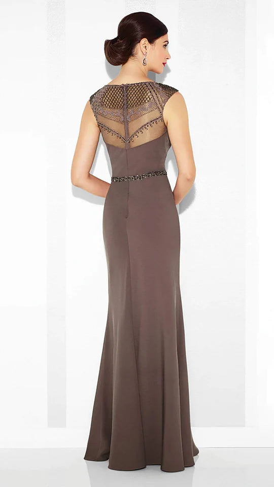 Elegant Mermaid Scoop-Neck Sheer-Cap-Sleeve Beaded-Trim Taupe Satin Floor-Length Mother of the Bride Dresses