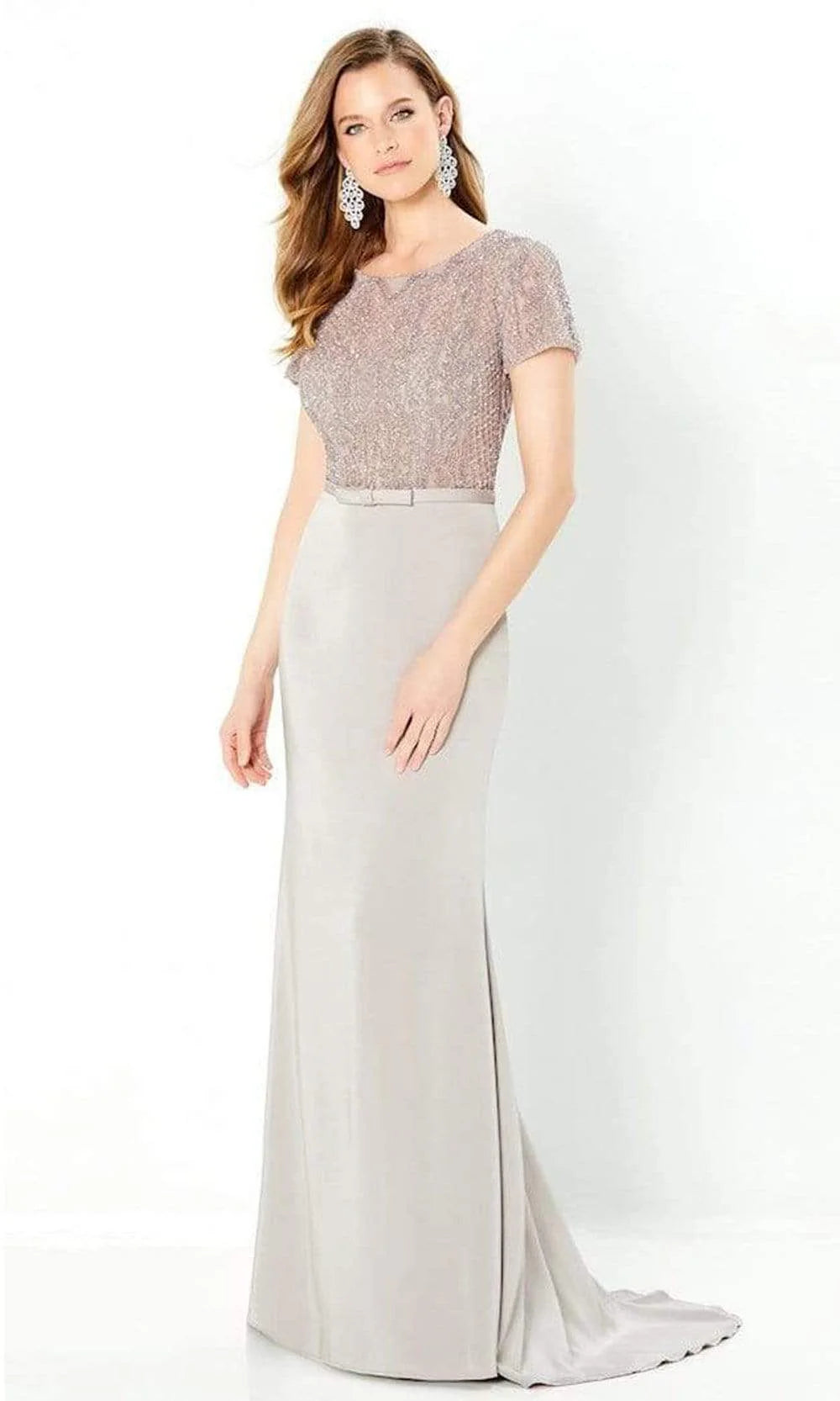 Elegant Mermaid Scoop-Neck Short-Sleeve Beaded-Bodice-Belted-Back Dusty Mauve Satin Floor-Length Mother of the Bride Dresses
