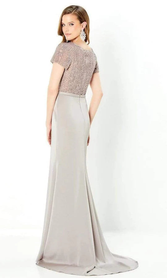 Elegant Mermaid Scoop-Neck Short-Sleeve Beaded-Bodice-Belted-Back Dusty Mauve Satin Floor-Length Mother of the Bride Dresses