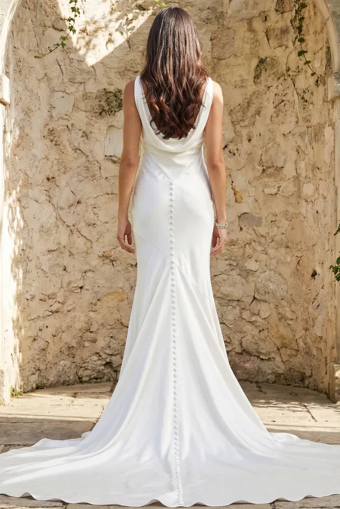 Elegant Mermaid Sleeveless Cowl-Neck Satin Pearl-Button Back Train Length Wedding Dresses