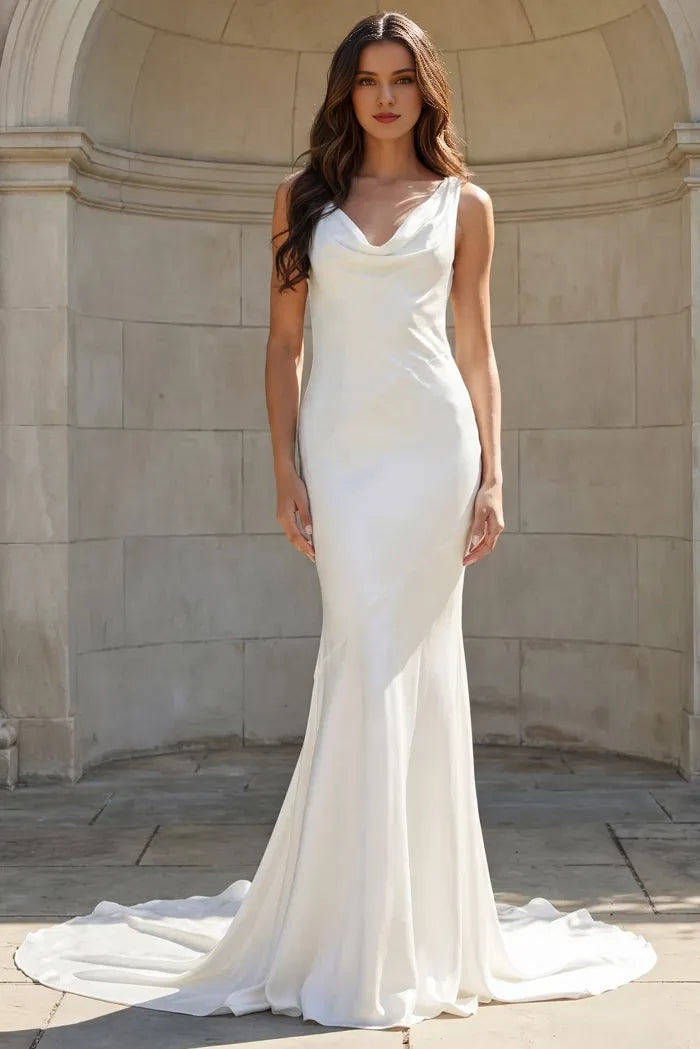 Elegant Mermaid Sleeveless Cowl-Neck Satin Pearl-Button Back Train Length Wedding Dresses
