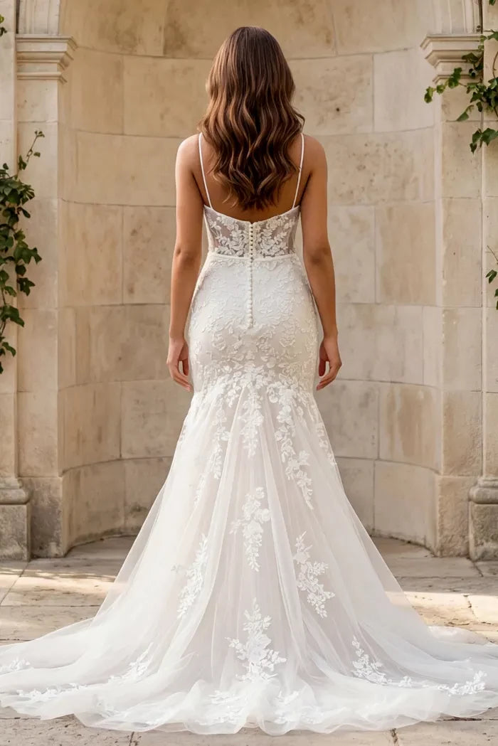 Elegant Mermaid Spaghetti-Strap Floral-Lace Pearl-Button Back Train Length Wedding Dresses