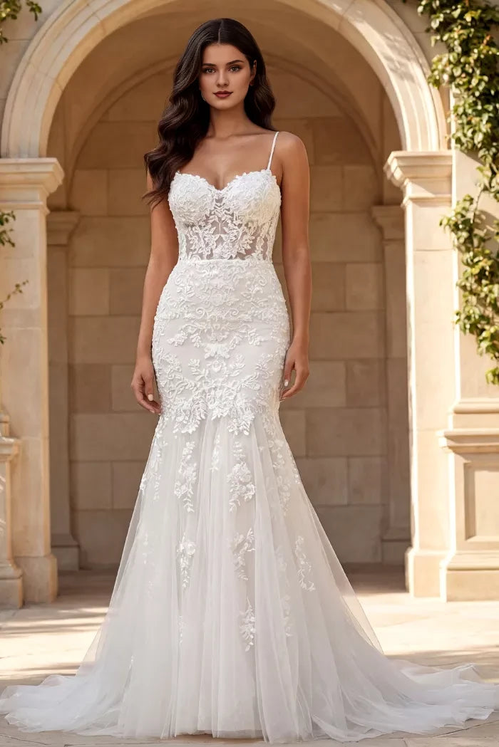 Elegant Mermaid Spaghetti-Strap Floral-Lace Pearl-Button Back Train Length Wedding Dresses