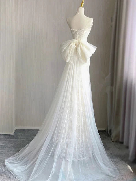 Elegant Mermaid Spaghetti-Strap Lace Oversized-Bow Lace-Up Back Train Length Evening Dresses