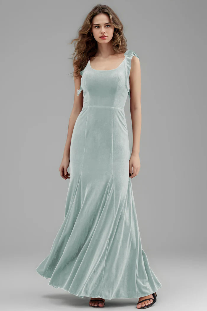 Elegant Mermaid Square-Neck Bow-Strap V-Back Floor-Length Bridesmaid Dresses