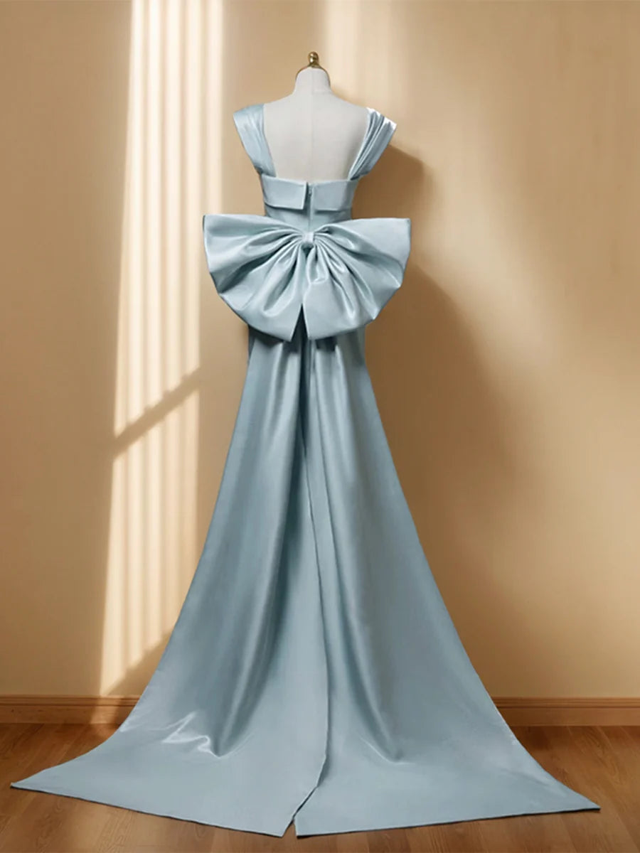 Elegant Mermaid Square - Neck Cap - Sleeve Bow - Back Floor - Length Evening Gown