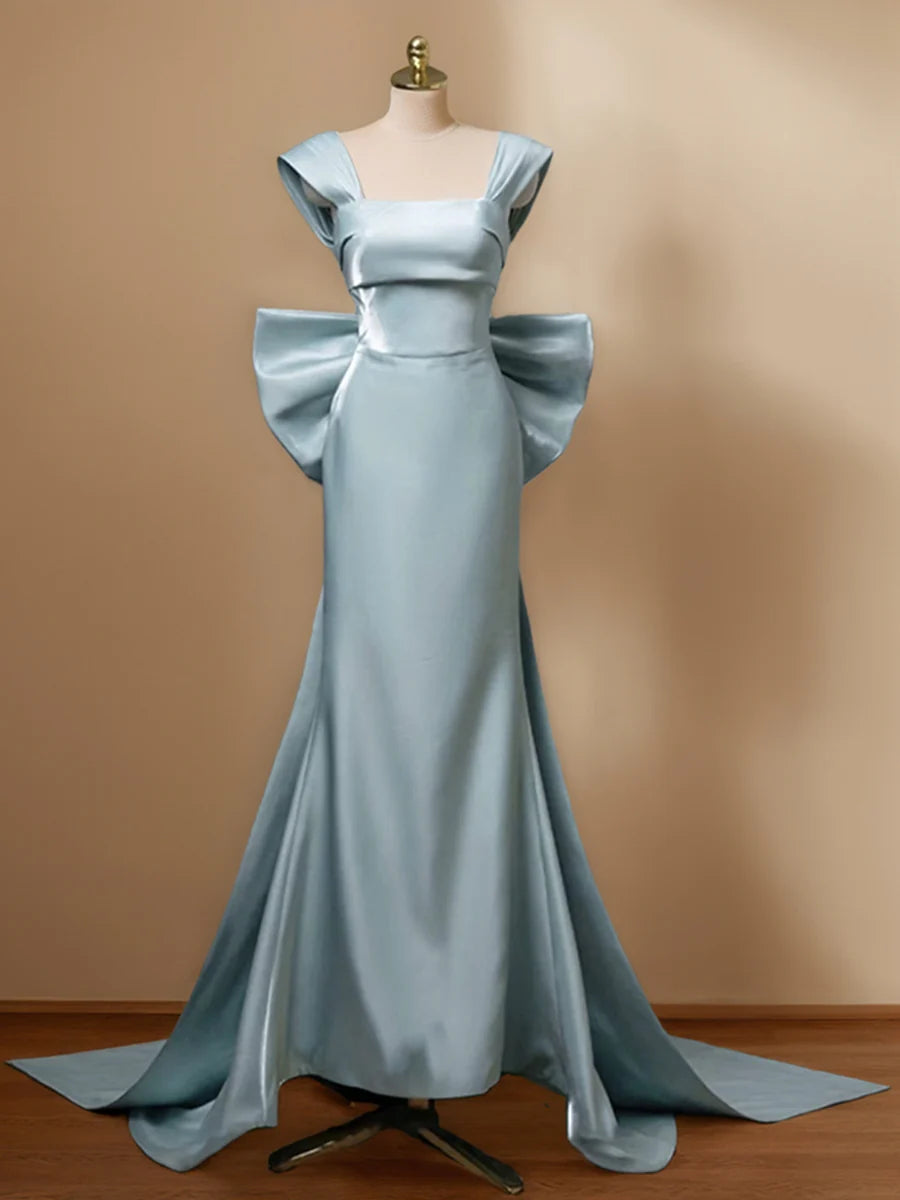 Elegant Mermaid Square - Neck Cap - Sleeve Bow - Back Floor - Length Evening Gown