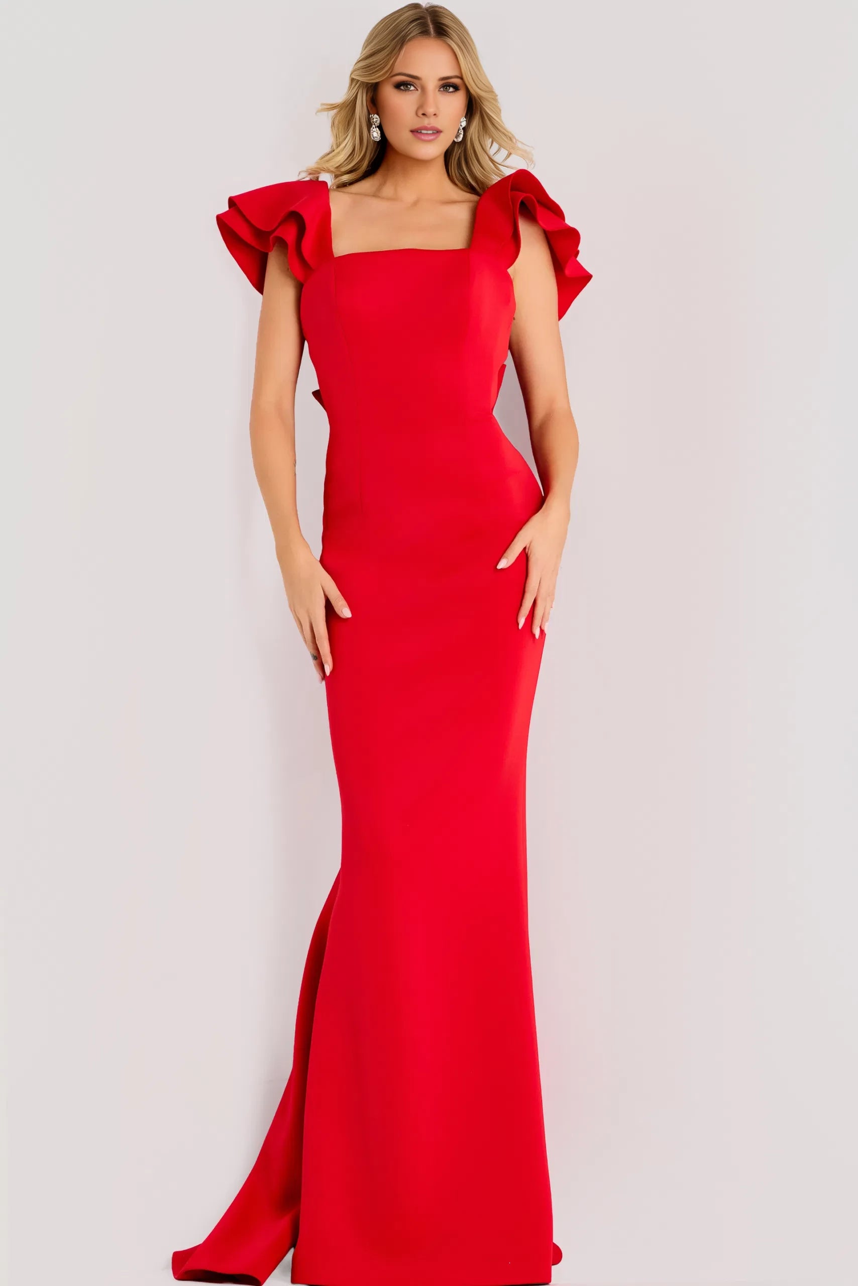 Elegant Mermaid Square Neck Ruffle-Accent Bow-Back Long Length Evening Dresses