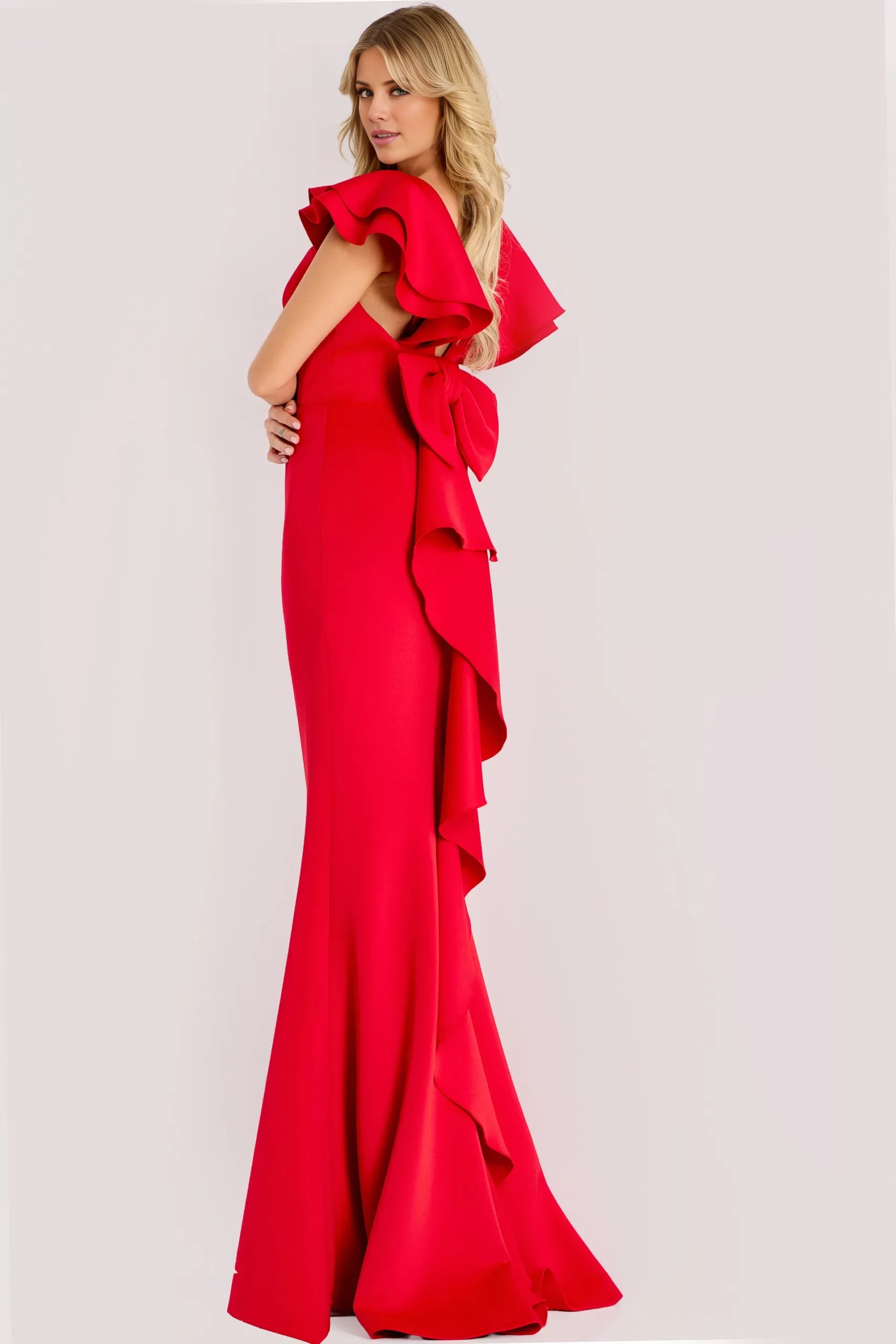 Elegant Mermaid Square Neck Ruffle-Accent Bow-Back Long Length Evening Dresses