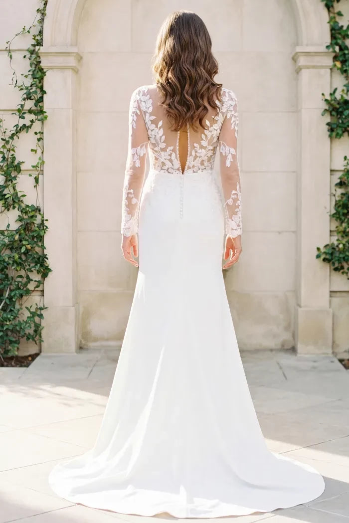 Elegant Mermaid Square-Neck Sheer-Lace Long-Sleeve Keyhole-Back Train Length Wedding Dresses