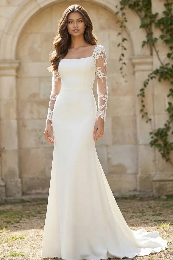 Elegant Mermaid Square-Neck Sheer-Lace Long-Sleeve Keyhole-Back Train Length Wedding Dresses