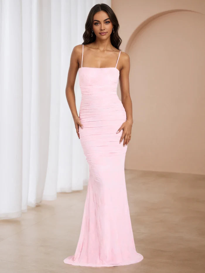 Elegant Mermaid Square Neck Sleeveless Bow Back Floor Length Prom Dresses