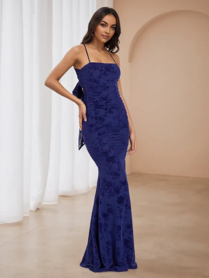 Elegant Mermaid Square Neck Sleeveless Bow Back Floor Length Prom Dresses