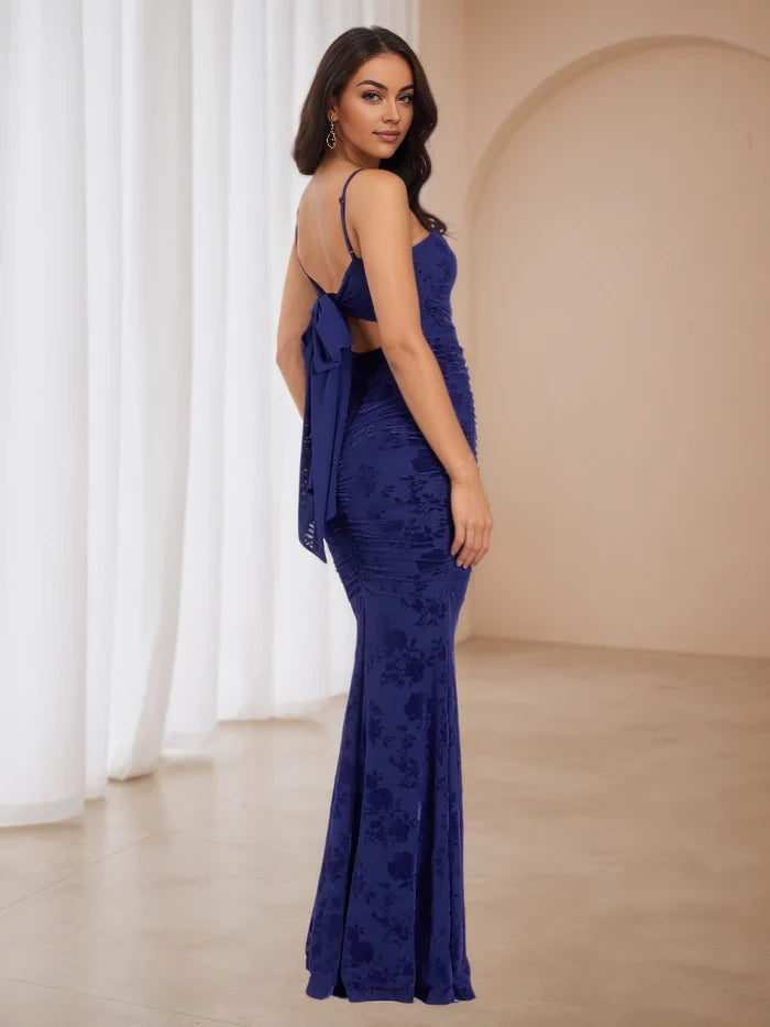 Elegant Mermaid Square Neck Sleeveless Bow Back Floor Length Prom Dresses