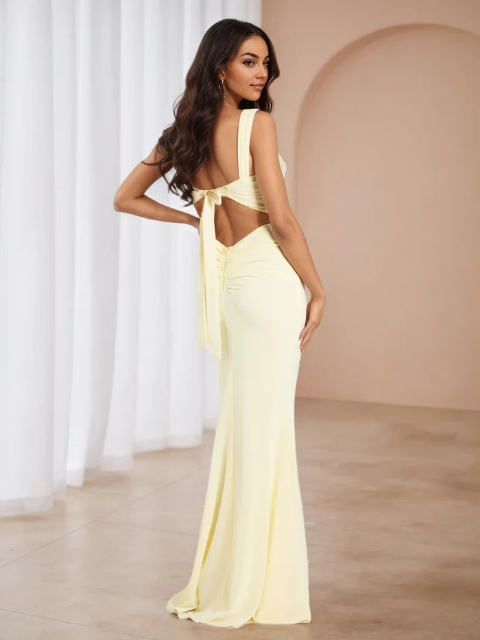 Elegant Mermaid Square Neck Sleeveless Bow Back Floor Length Prom Dresses