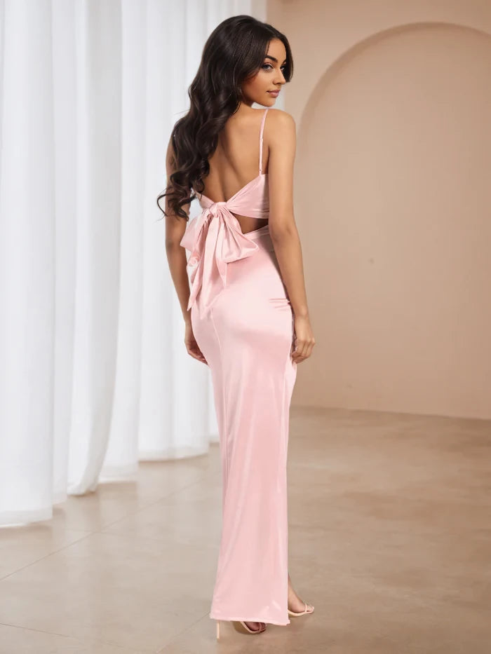 Elegant Mermaid Square Neck Sleeveless Bow Back Floor Length Prom Dresses