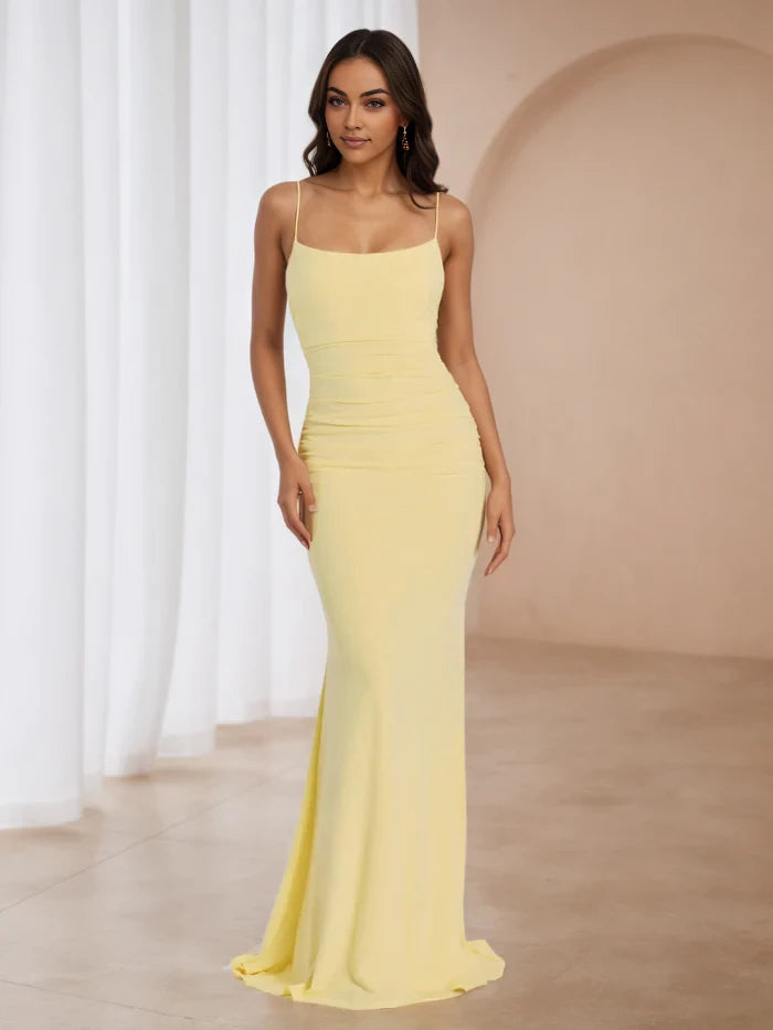 Elegant Mermaid Square Neck Sleeveless Cut - Out Back Floor Length Prom Dresses