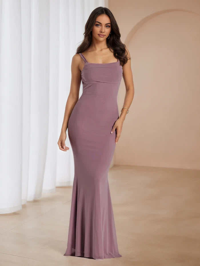 Elegant Mermaid Square Neck Sleeveless Lace - Up Back Floor Length Prom Dresses