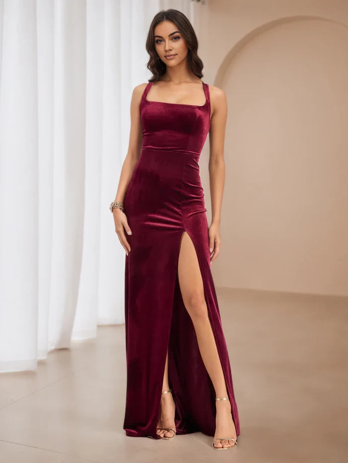 Elegant Mermaid Square Neck Sleeveless Lace - Up Back Floor Length Prom Dresses
