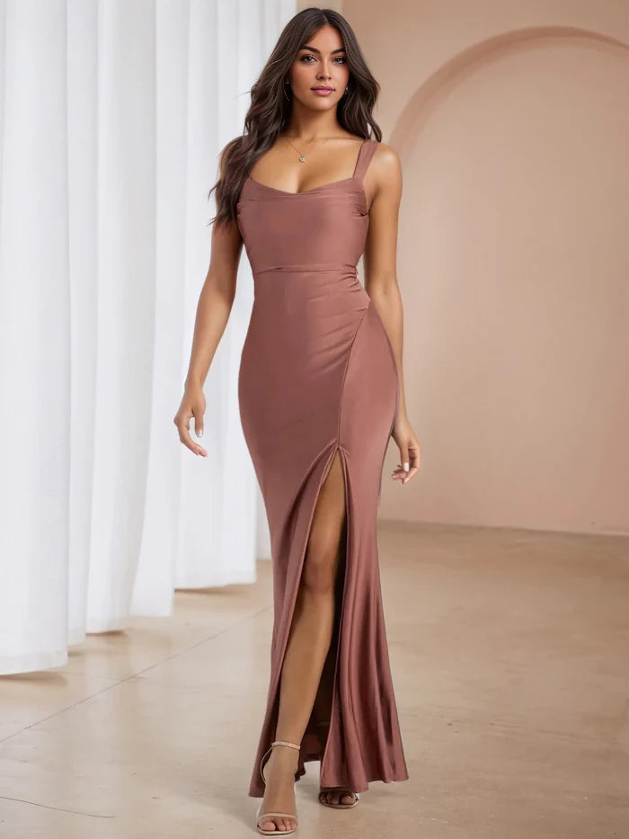 Elegant Mermaid Square Neck Sleeveless Lace - Up Back Long Length Prom Dresses