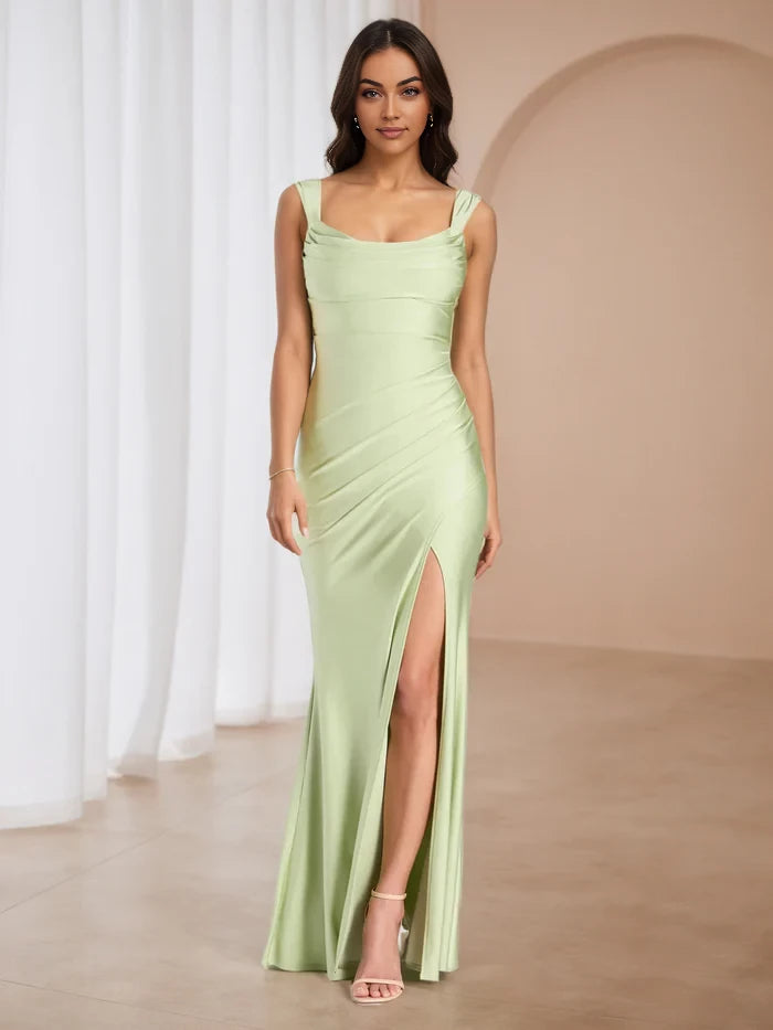 Elegant Mermaid Square Neck Sleeveless Open Back Floor Length Prom Dresses