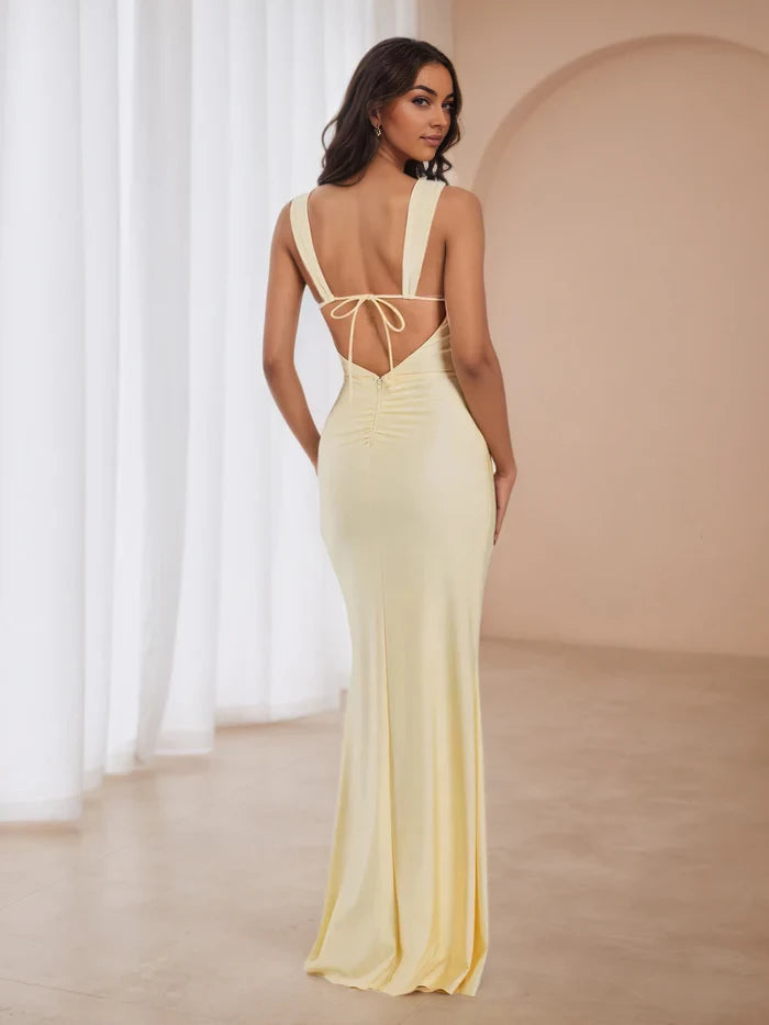Elegant Mermaid Square Neck Sleeveless Tie - Back Floor Length Prom Dresses