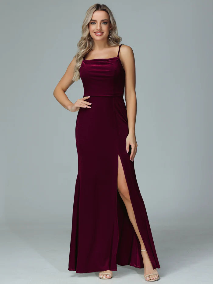 Elegant Mermaid Square-Neck Spaghetti-Strap Zipper-Back Velvet Floor-Length Bridesmaid Dresses