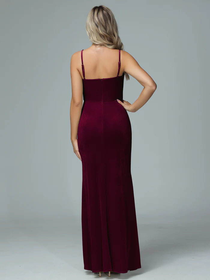 Elegant Mermaid Square-Neck Spaghetti-Strap Zipper-Back Velvet Floor-Length Bridesmaid Dresses