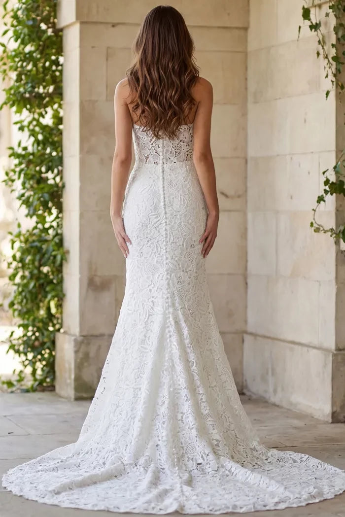 Elegant Mermaid Strapless Floral-Lace Cutout-Back Train Length Wedding Dresses