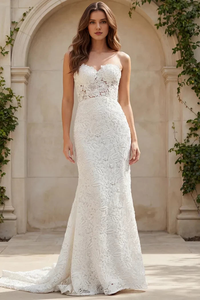 Elegant Mermaid Strapless Floral-Lace Cutout-Back Train Length Wedding Dresses