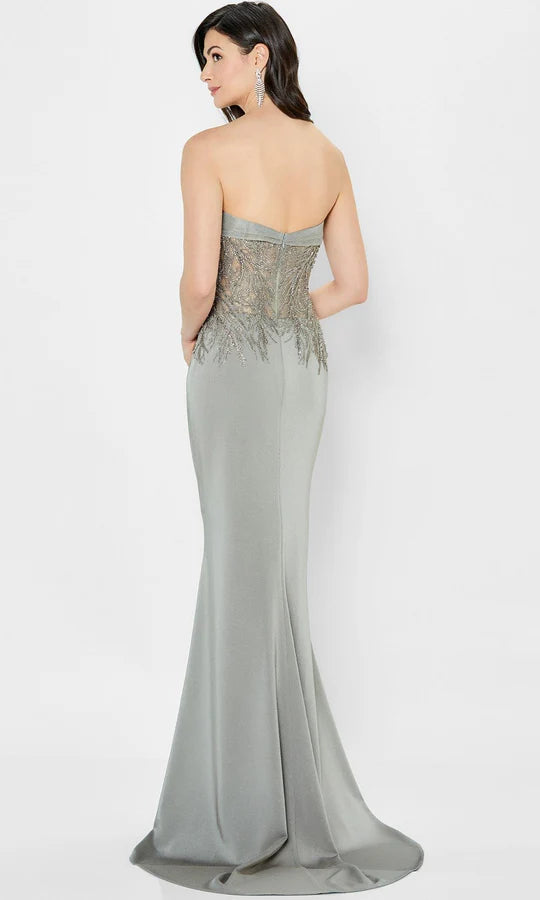 Elegant Mermaid Strapless Sleeveless-Zip-Back Dusty Sage Satin Beaded Floor-Length Mother of the Bride Dresses