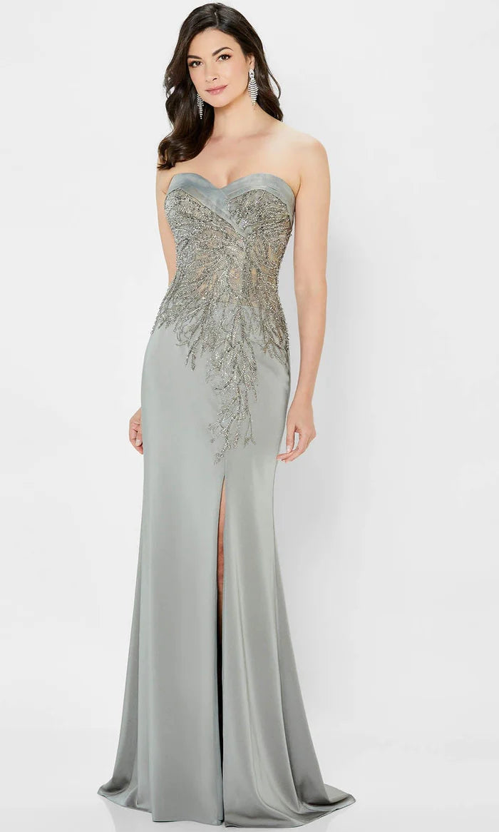 Elegant Mermaid Strapless Sleeveless-Zip-Back Dusty Sage Satin Beaded Floor-Length Mother of the Bride Dresses