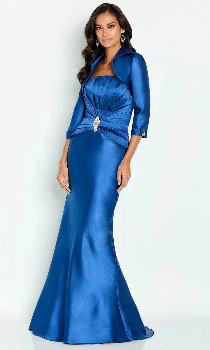 Elegant Mermaid Strapless Three-Quarter-Sleeve Beaded-Trim Royal Blue Satin Jacket-Set Floor-Length Mother of the Bride Dresses