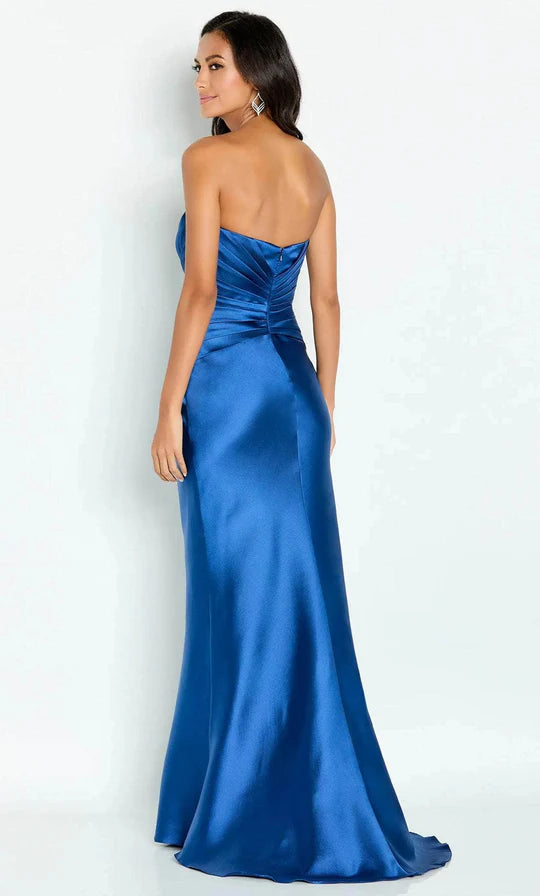 Elegant Mermaid Strapless Three-Quarter-Sleeve Beaded-Trim Royal Blue Satin Jacket-Set Floor-Length Mother of the Bride Dresses