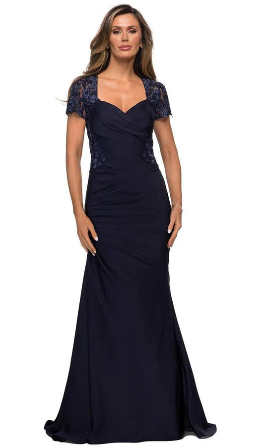 Elegant Mermaid Sweetheart Cap-Sleeve Lace-Back Navy Ruched-Satin Floor-Length Mother of the Bride Dresses