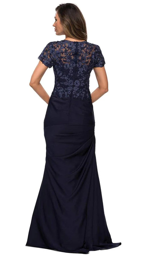 Elegant Mermaid Sweetheart Cap-Sleeve Lace-Back Navy Ruched-Satin Floor-Length Mother of the Bride Dresses