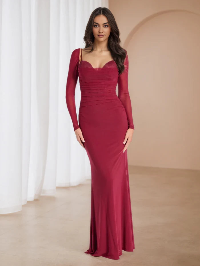 Elegant Mermaid Sweetheart Neck Long Sleeve Plain Back Floor Length Prom Dresses