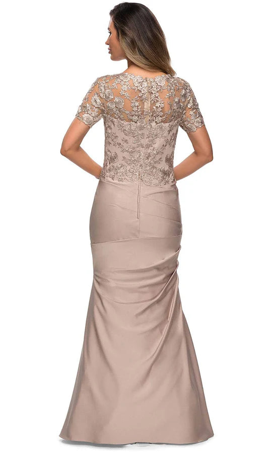 Elegant Mermaid Sweetheart-Sleeve Sheer-Back Champagne Satin-Lace Floor-Length Mother of the Bride Dresses