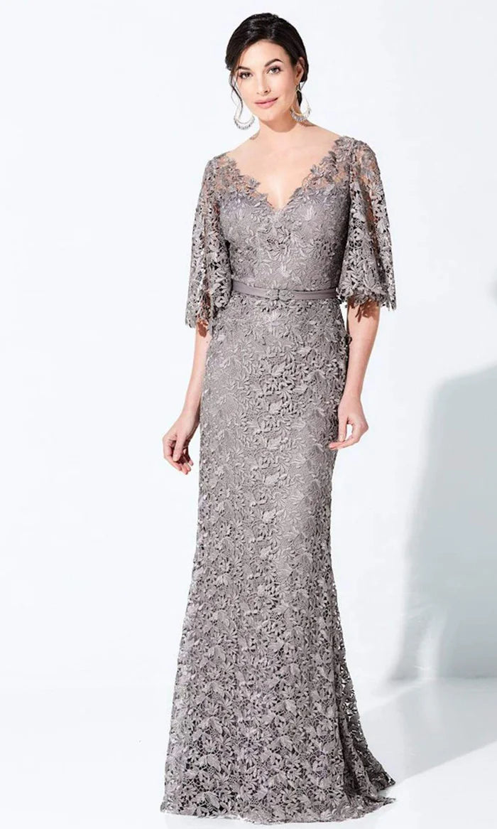 Elegant Mermaid V-Neck Bell-Sleeve Lace-Bodice-Belted-Back Dusty Gray Tulle Floor-Length Mother of the Bride Dresses