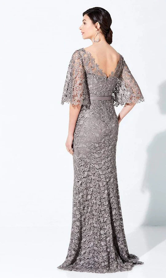 Elegant Mermaid V-Neck Bell-Sleeve Lace-Bodice-Belted-Back Dusty Gray Tulle Floor-Length Mother of the Bride Dresses