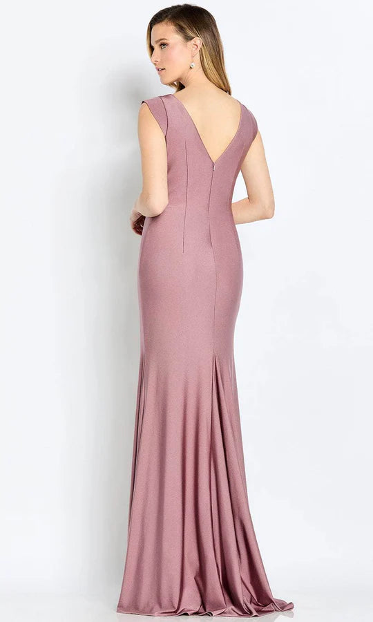 Elegant Mermaid V-Neck Cap-Sleeve Beaded-Accent-Slit-Back Dusty Rose Satin Floor-Length Mother of the Bride Dresses