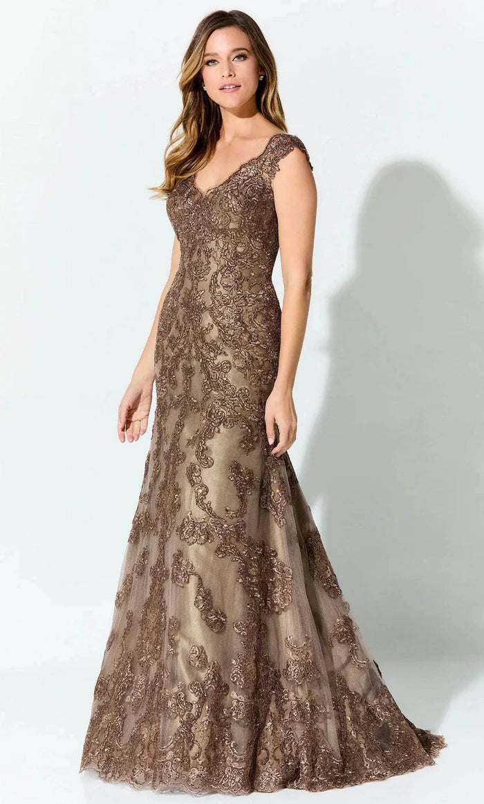 Elegant Mermaid V-Neck Cap-Sleeve Embroidered-Lace-Back Mocha Tulle Floor-Length Mother of the Bride Dresses