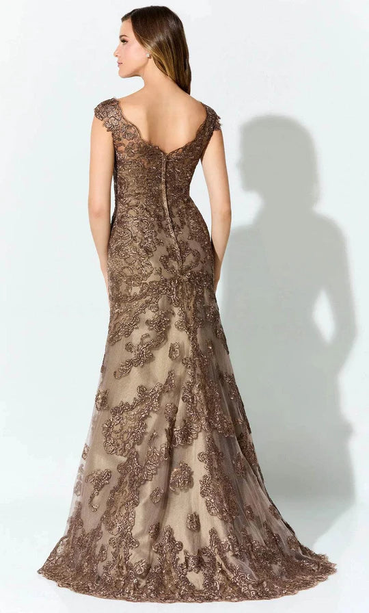 Elegant Mermaid V-Neck Cap-Sleeve Embroidered-Lace-Back Mocha Tulle Floor-Length Mother of the Bride Dresses