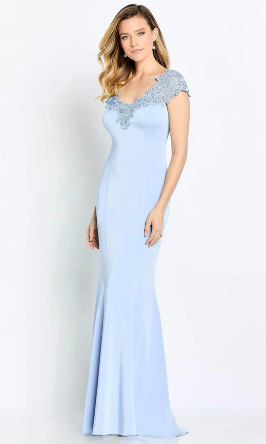 Elegant Mermaid V-Neck Cap-Sleeve Lace-Back Sky Blue Satin Floor-Length Mother of the Bride Dresses