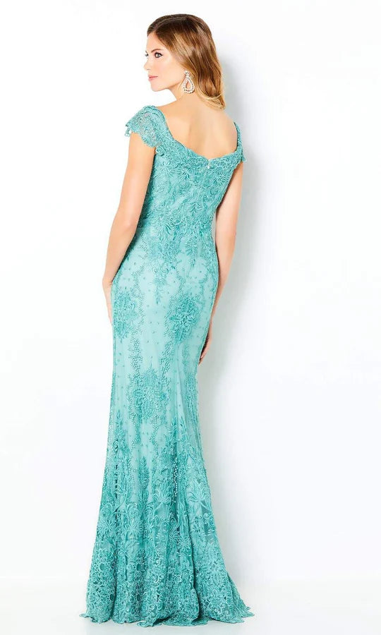 Elegant Mermaid V-Neck Cap-Sleeve Square-Back Teal Beaded-Lace Floor-Length Mother of the Bride Dresses