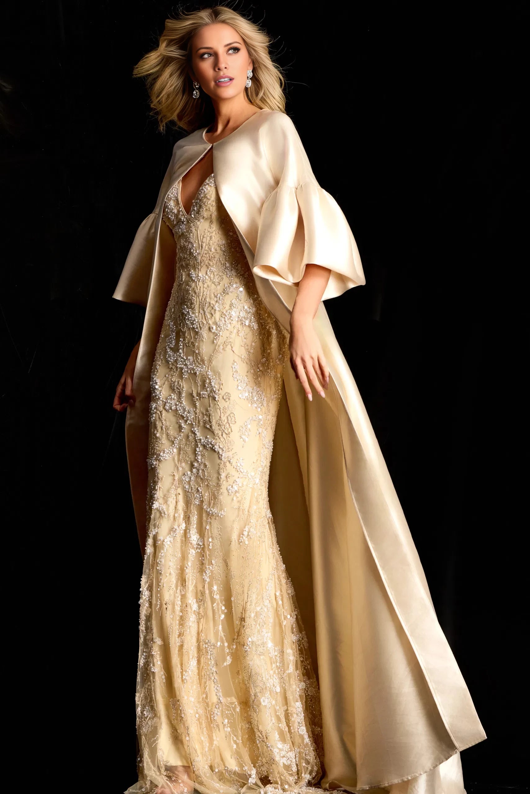 Elegant Mermaid V-Neck Cape-Sleeve Beaded-Accent Long Length Evening Dresses