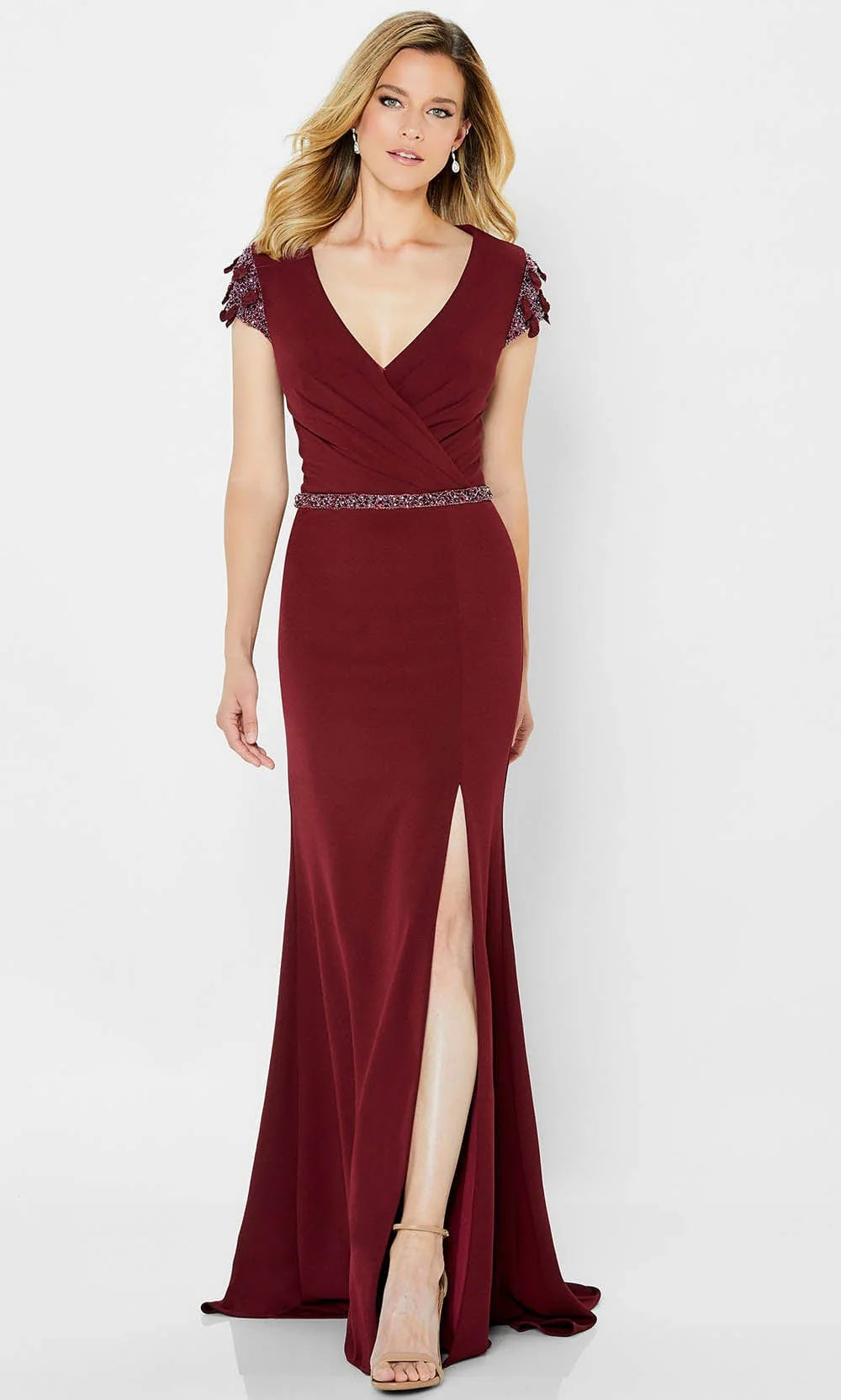 Elegant Mermaid V-Neck Embellished-Cap-Sleeve-Zip-Back Burgundy Crepe Floor-Length Mother of the Bride Dresses