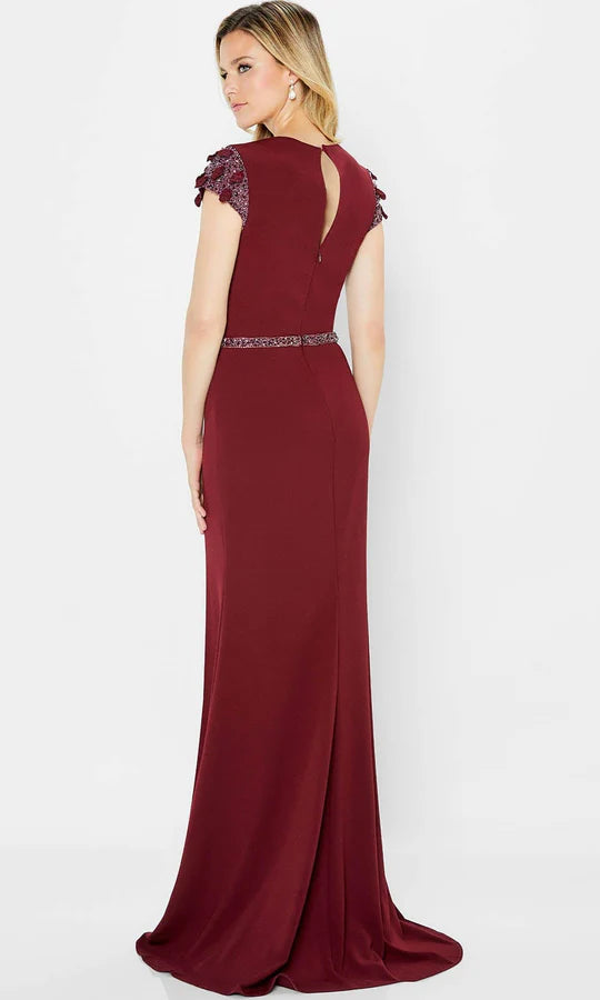 Elegant Mermaid V-Neck Embellished-Cap-Sleeve-Zip-Back Burgundy Crepe Floor-Length Mother of the Bride Dresses